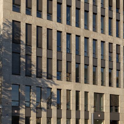 The Nordbahnhof Carré in Berlin at sunrise. Architects were Rhode Kellermann Wawrowsky, and Hemprich Tophof.